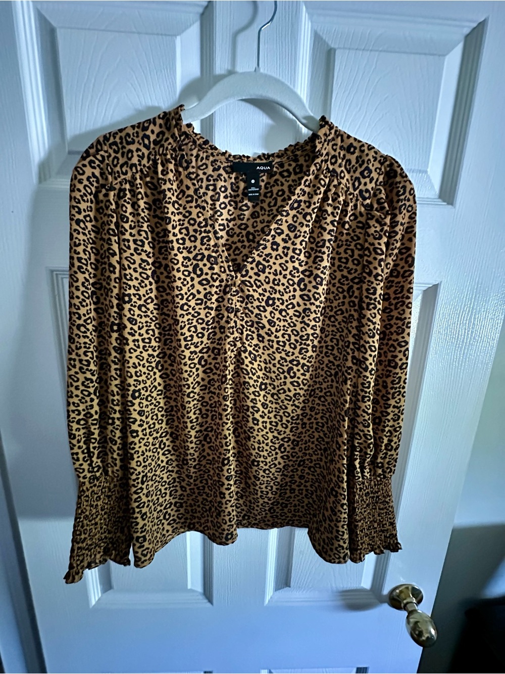 Aqua Leopard-Print V-Neck Long Sleeve Blouse - Tan & Black